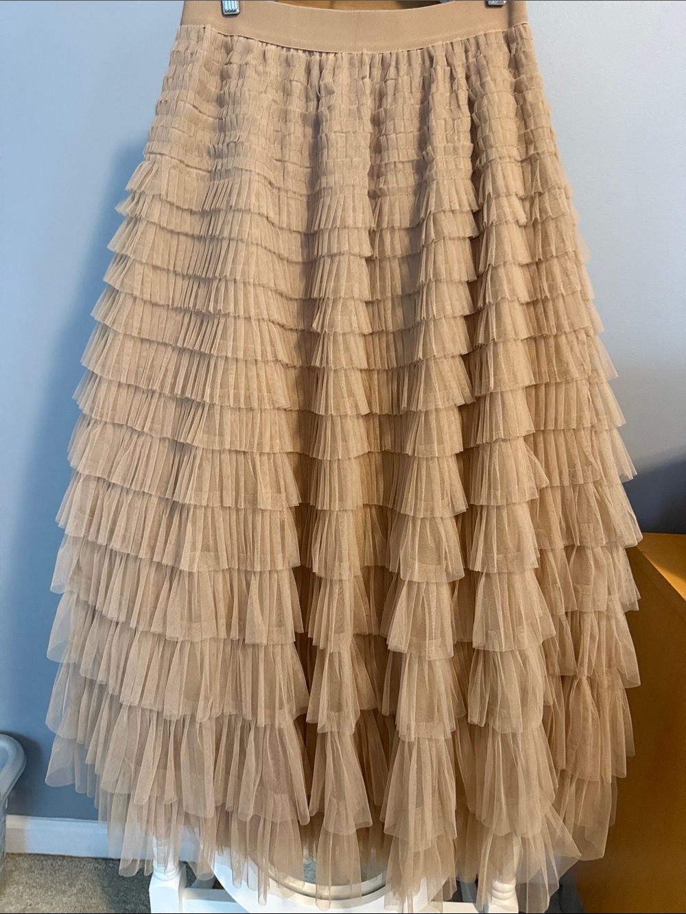 Tiered Tulle Maxi Skirt in Beige
